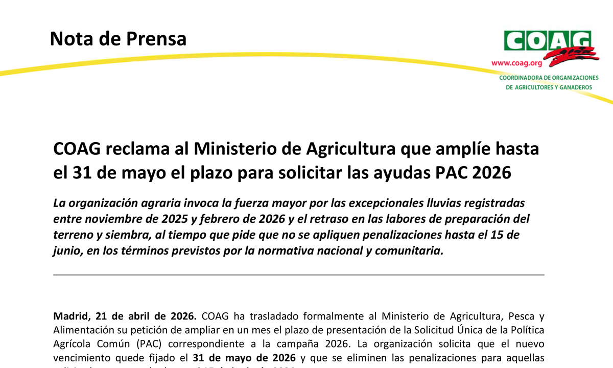 COAG solicita ampliar el plazo para solicitar la PAC hasta el 31 de mayo