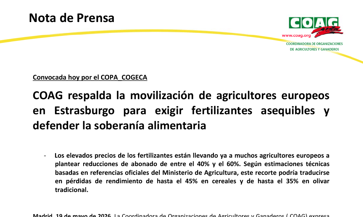 COAG respalda la movilización en Estrasburgo para exigir fertilizantes asequibles